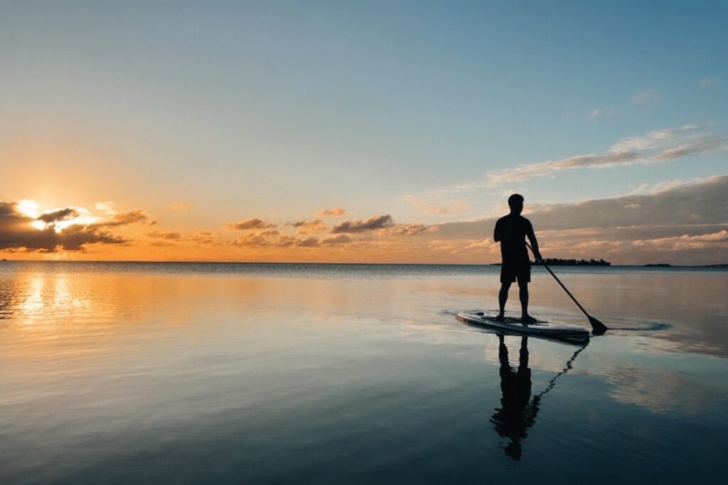 宮古島の海で、日没時に鏡のような水面上でクリアサップを楽しむ男性