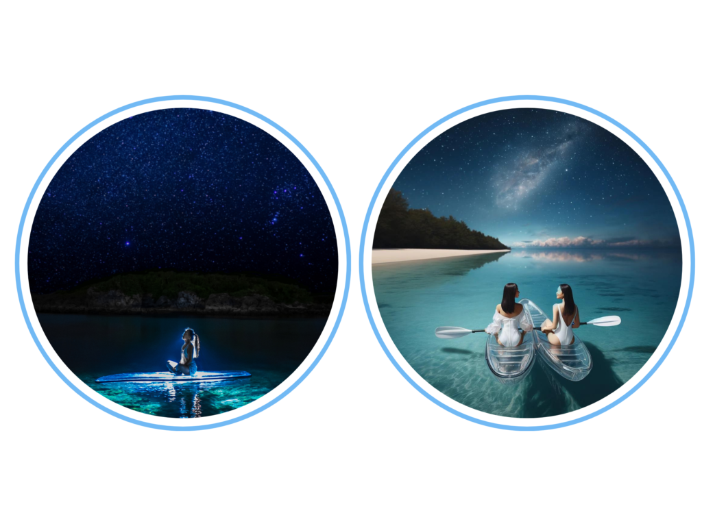 宮古島の星空を眺める女性がクリアサップに乗っています。同時に、星空の下で海の上で水着姿の2人の女性がクリアカヤックを楽しんでいます