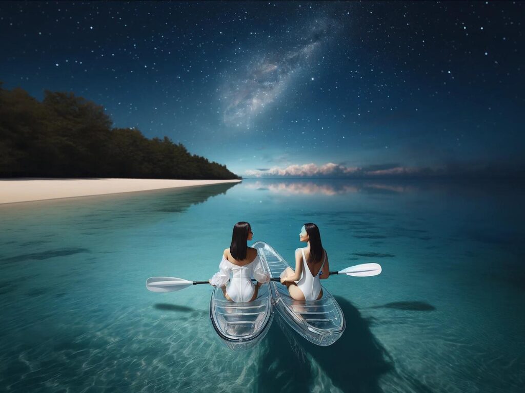 宮古島の海の上で星空の下、水着姿の2人の女性がクリアカヤックを楽しんでいます
