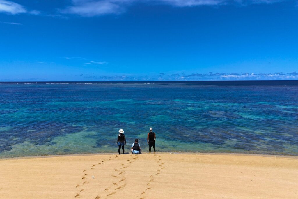 ビーチで海を眺める人たち