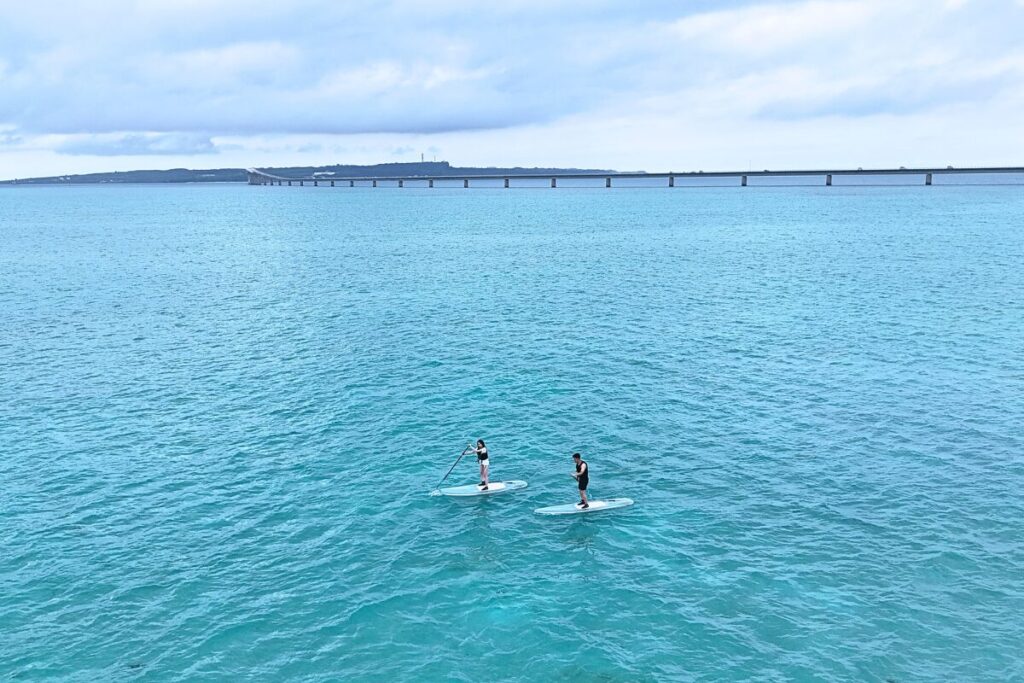 青く広がる海野真ん中でSUPを漕ぐ2人