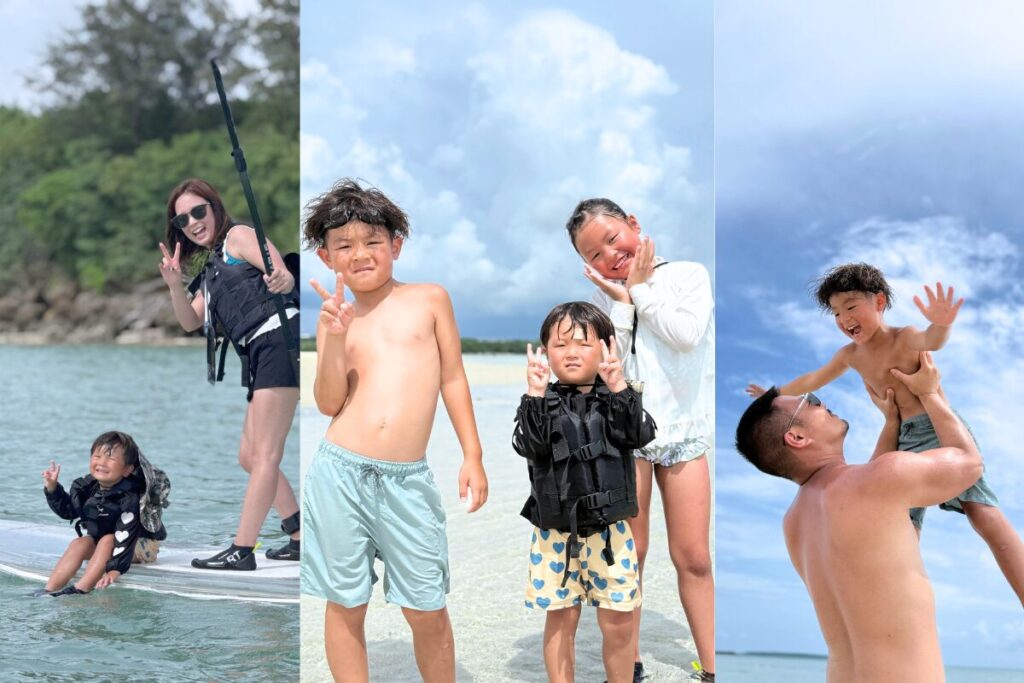 思い出沢山の写真！ お母さんと末っ子くんのサップショット、子どもたち3人でのショット、お父さんに高くまで持ち上げられるお兄ちゃんのショット