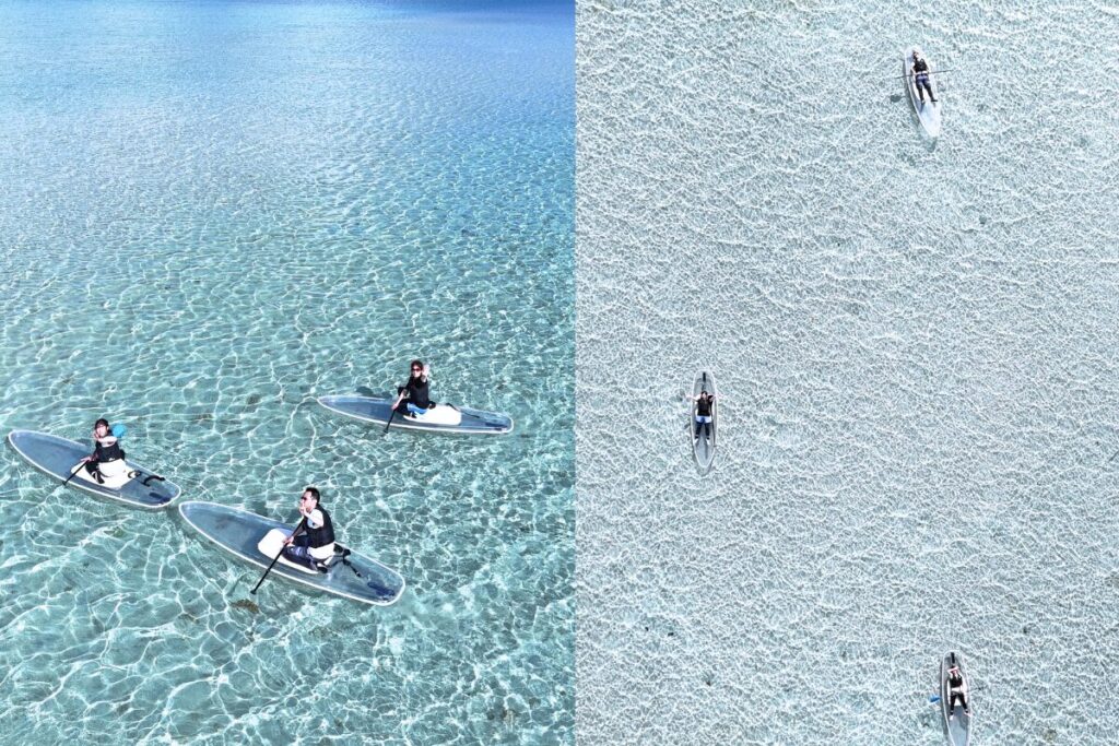 キラキラの海の上をサップに乗って進んでいく様子。 寝っ転がって漂うのは気持ちよさそう