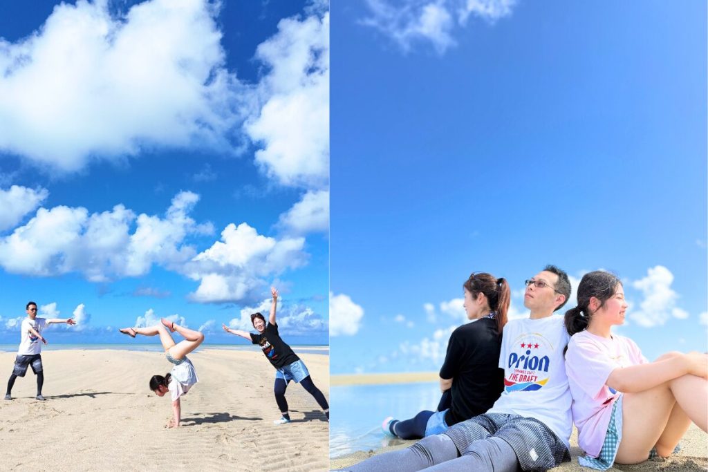 家族写真 砂浜の上でいろんなポージングに挑戦