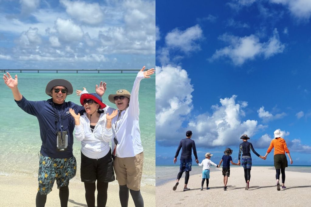 ユニの浜で楽しそうにポーズを取るじいじたちと浜を歩く一家