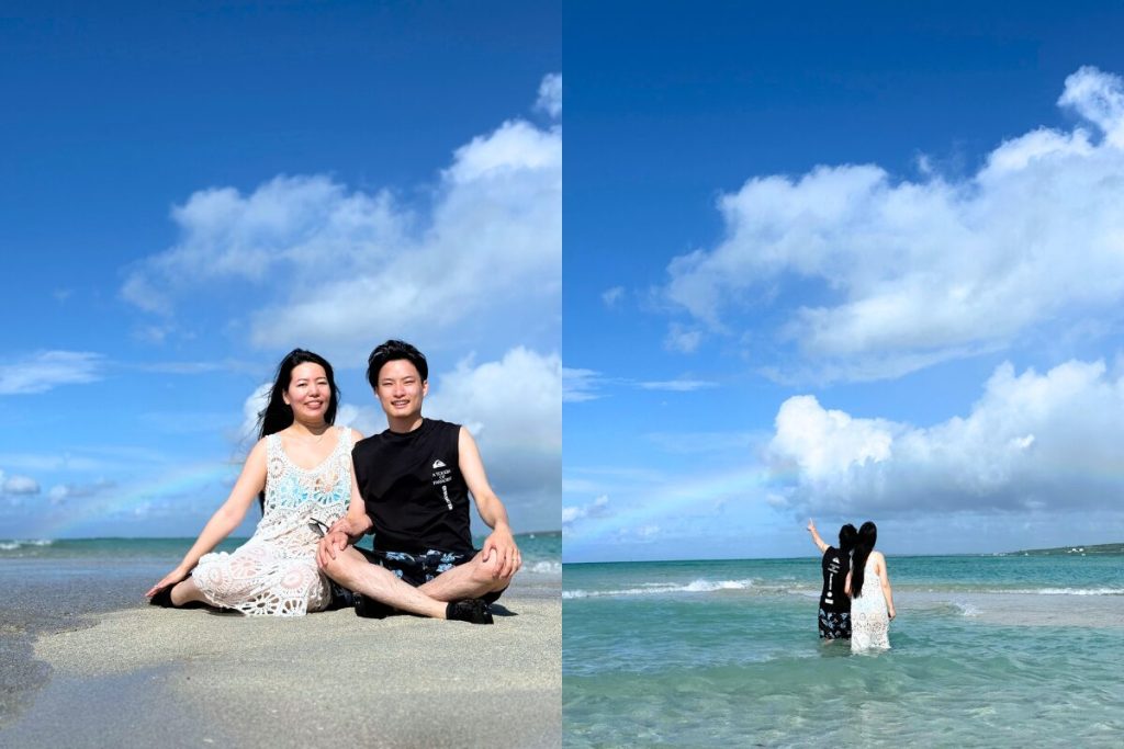 お二人とユニの浜と虹🌈