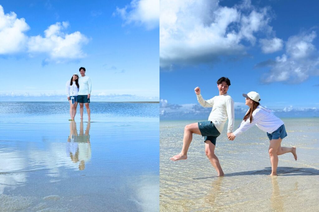 鏡面化している水面 逆さ富士のようにきれいに映るお二人
