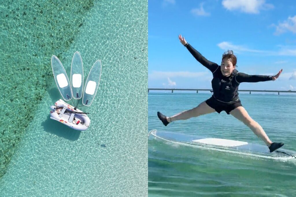 キッラキラの海の上のサップと飛び込むさきちゃん