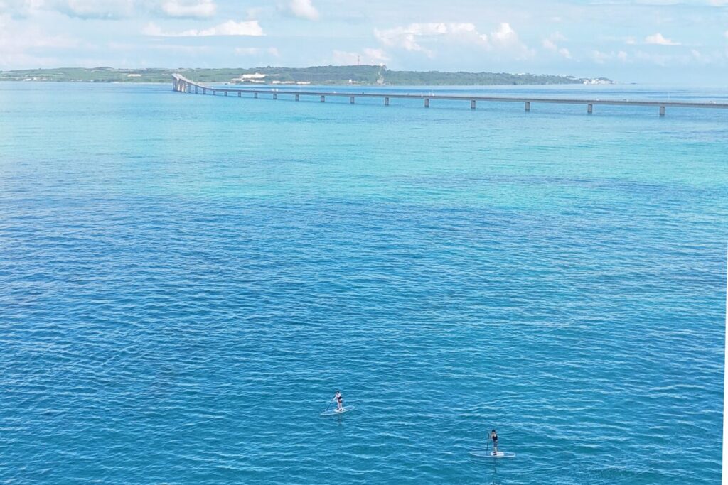 真っ青な海で力強くサップを漕ぐお二人
