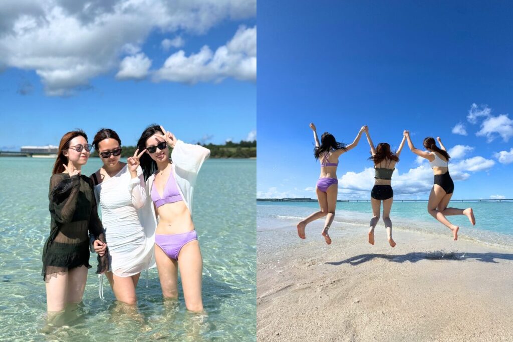 三人で記念撮影！ きれいな海と青い空がと〜ってもきれい