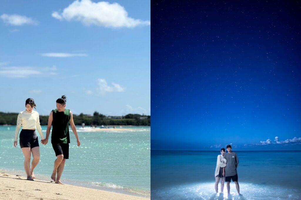 ユニの浜で歩くお二人と星空フォトのお二人
