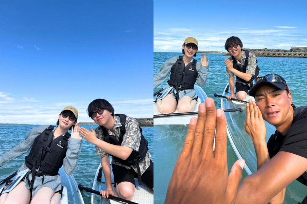 みんなで指輪を見せるポーズ！でもガイド陣は指輪なし