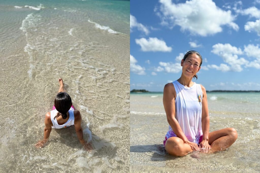 ユニの浜での撮影タイム さつきさんの笑顔が眩しい