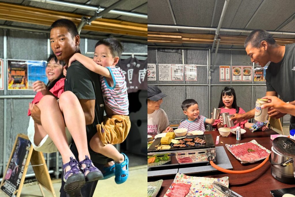 みんなで乾杯のシーンとそーたくんに乗っかる子どもたち