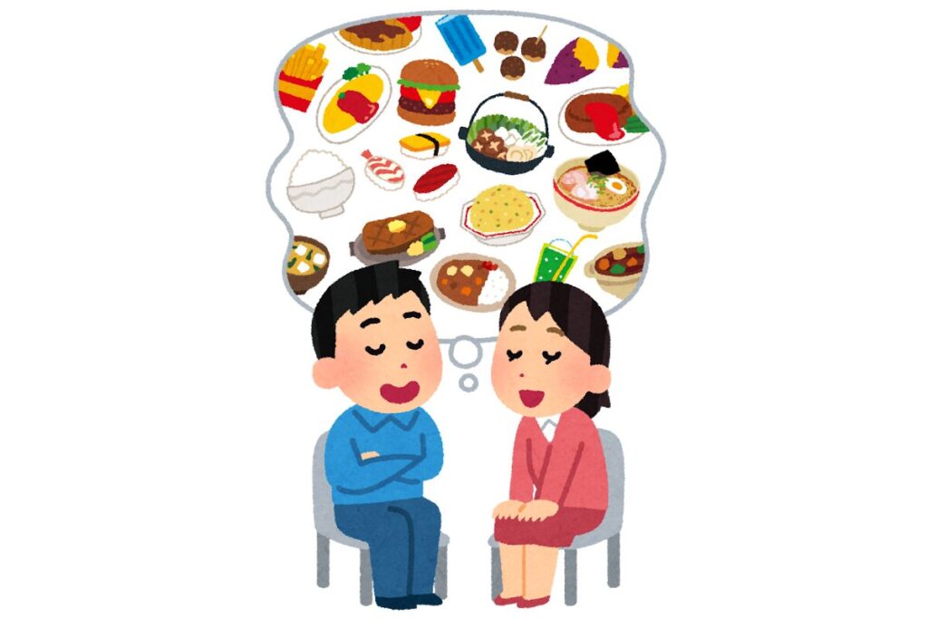 いろんな食べ物に思いを馳せるイラスト