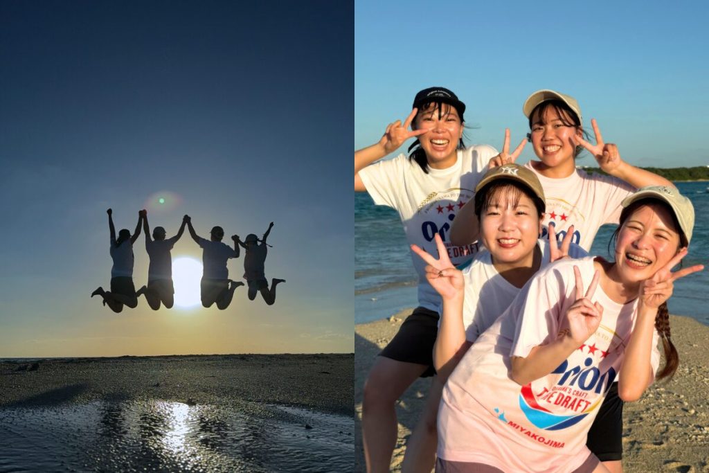 逆光でみんなでジャンプする写真とカメラに向かってみんなで笑顔を向けてくれている写真