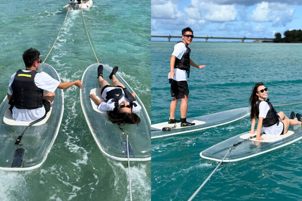 サップに寝っ転がるエミさんのシュールな写真とサップに立ちニッコニコのリョウトさんの写真