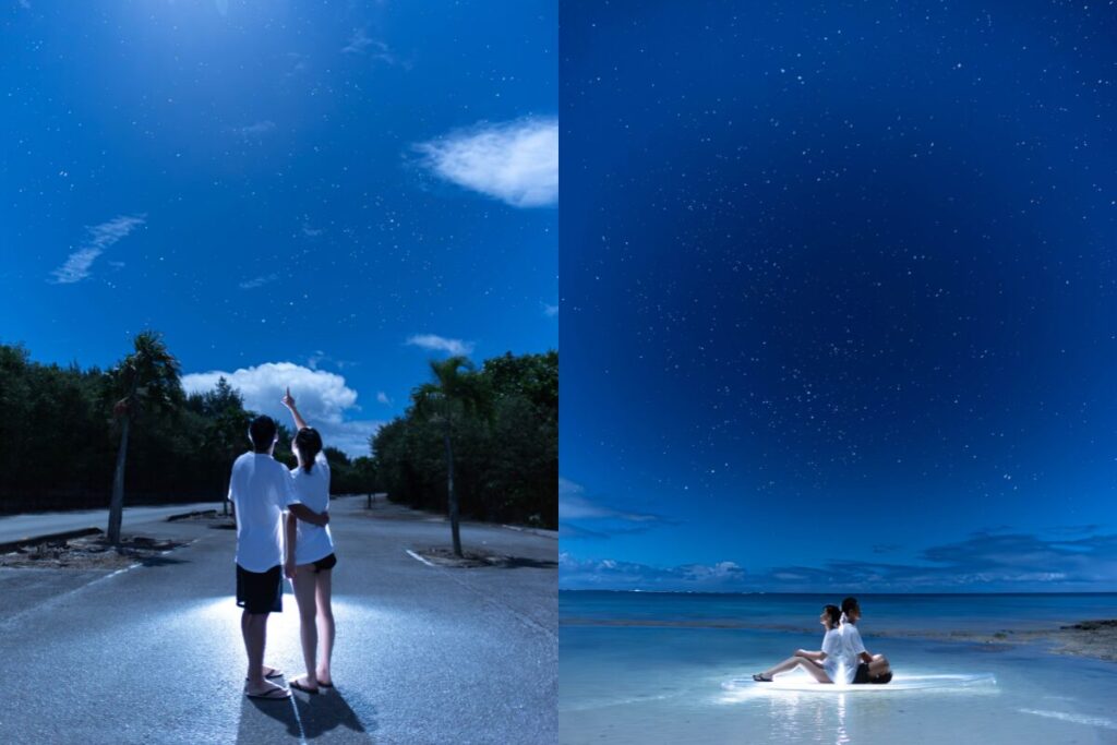 月に向かって指差すふたりと海上で背中合わせに座るふたり