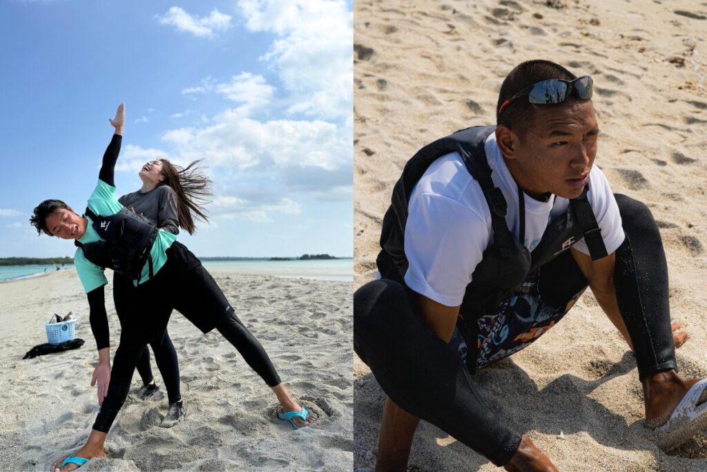 ヨガに挑戦するガイド陣