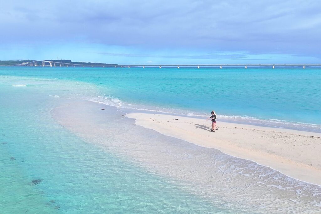 無人のユニの浜を歩く久恵さんと操さん