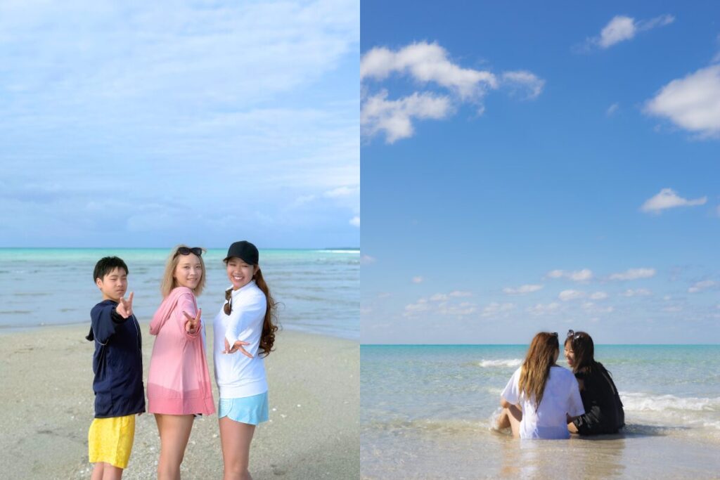 ミヤコブルーの海、白い砂浜、笑顔の写真