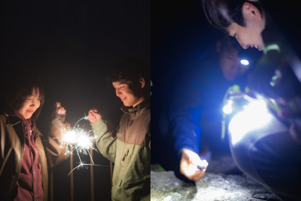 探検前の花火をやる写真とオカヤドカリを見つけた皆