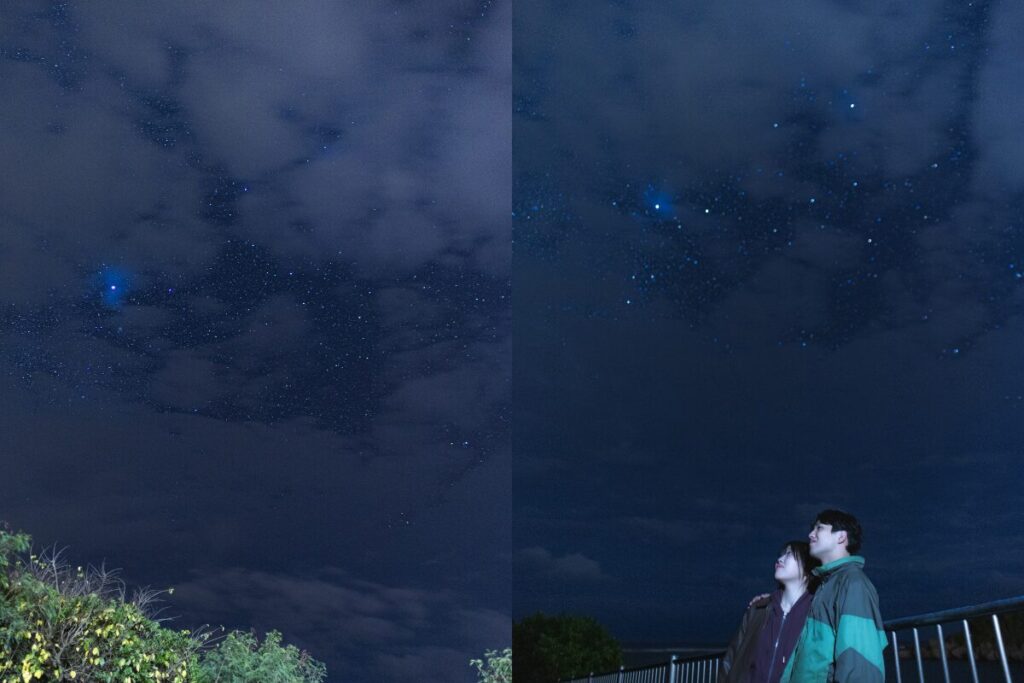 星空写真と星を眺める二人
