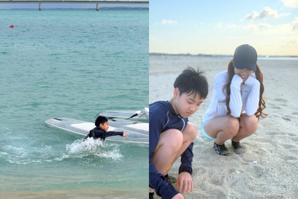 海に飛び込むりゅうせい、砂遊びをするりゅうせいとちさとさん