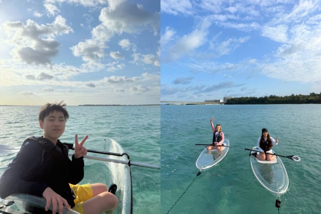 美しい海、カヤックに乗るりゅうせい、サップに乗るれいなさんとちさとさん