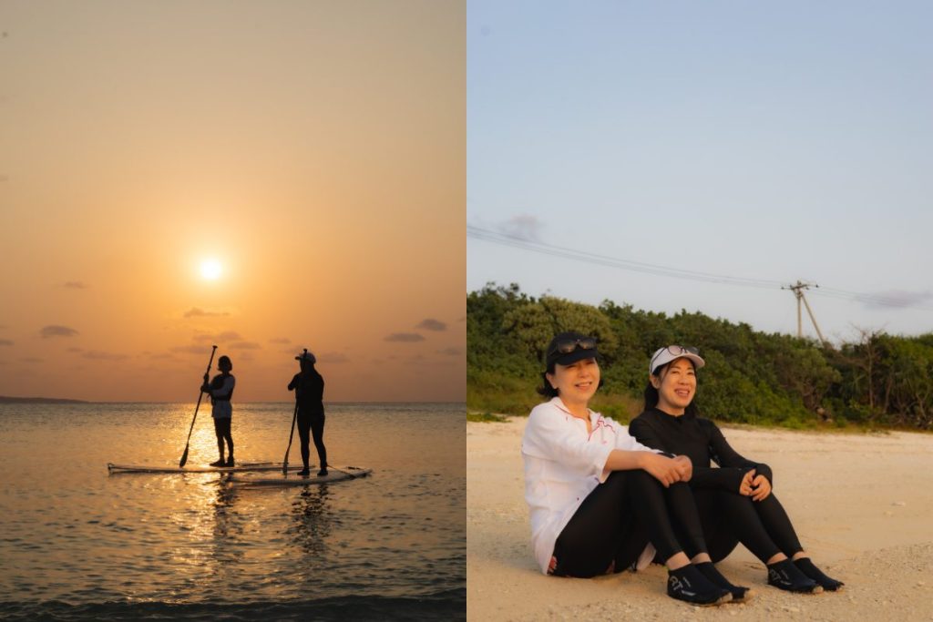 夕陽バックの幻想的な写真とビーチで雑談をする二人