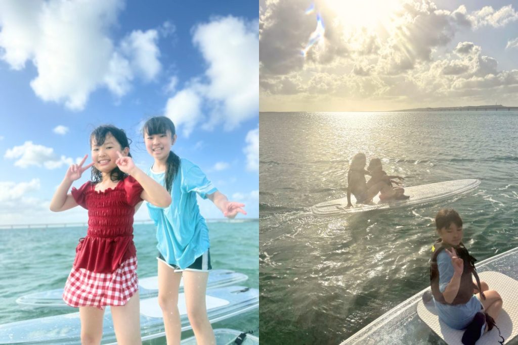 サップに立ち上がる姉妹の写真
夕陽になりつつある太陽を背景に逆光の写真