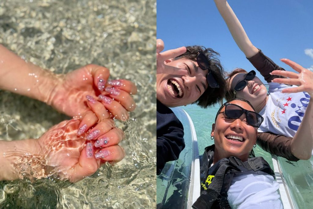 キラキラのネイルショットとガイドを入れた三人で撮った自撮り写真