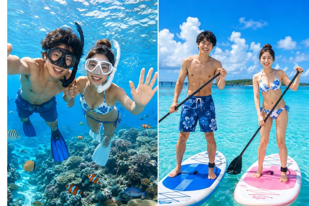 シュノーケルとサップを行うカップル