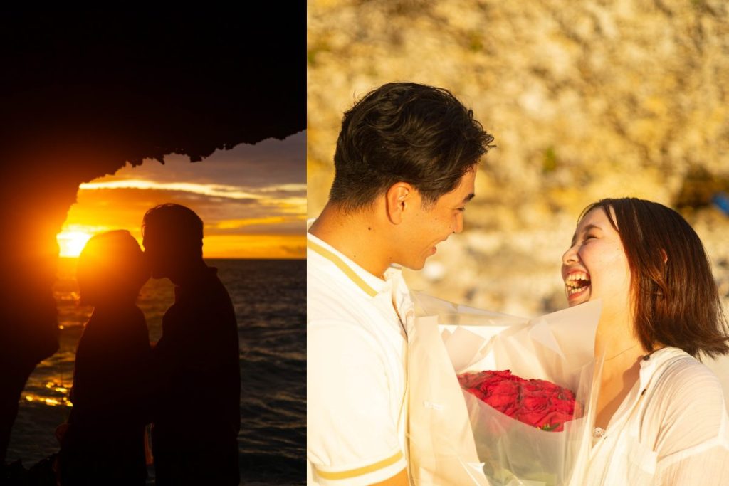 幸せそうなお二人の写真
花束を持って笑い合う二人
洞窟の中から撮ったチューの写真
