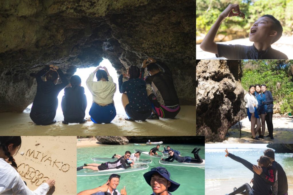 宮古島の一日アテンドツアーで、洞窟探検やSUP、海遊びを楽しむ家族の様子をまとめた思い出写真