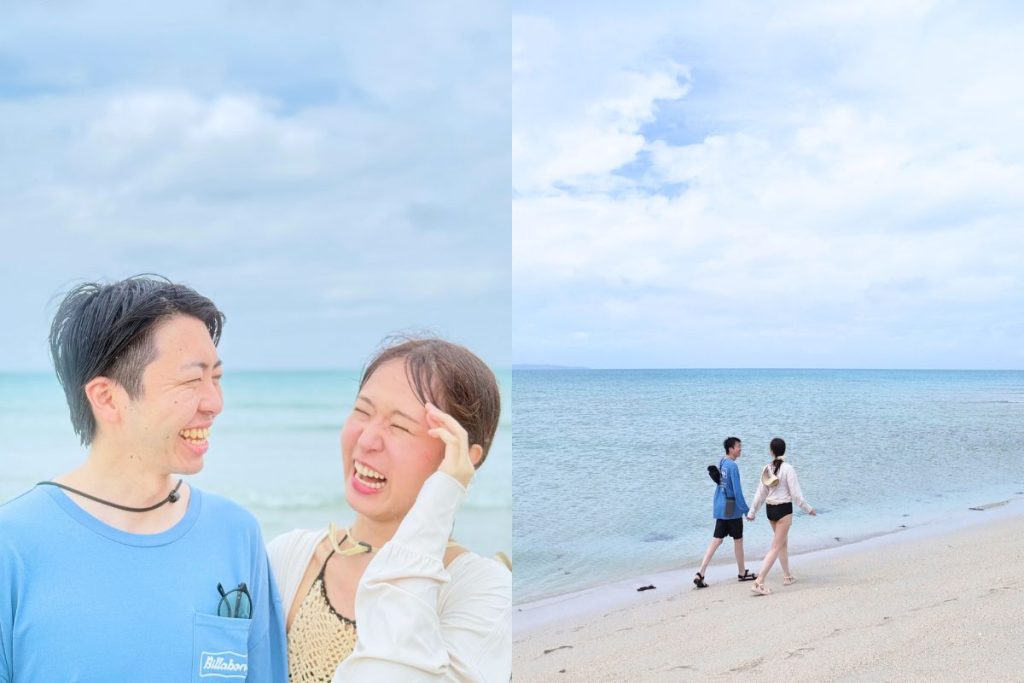 ユニの浜で顔を見合わせて大笑いするたくとさんとあやこさんと、海沿いの砂浜を手をつないで歩く2人を並べた写真