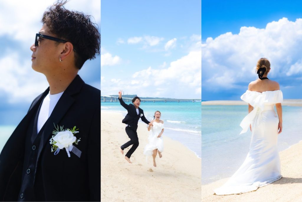 宮古島のユニの浜で撮影したウェディングフォト。新郎の横顔、新郎新婦が砂浜を走る姿、海を見つめるウェディングドレス姿の新婦を並べた写真