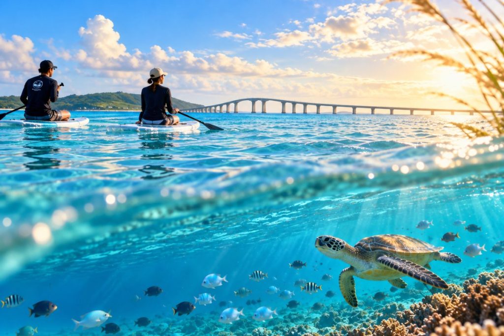 伊良部大橋を望む宮古島の海でクリアSUPを楽しむ2人と、海中を泳ぐウミガメや魚を描いたイメージ画像