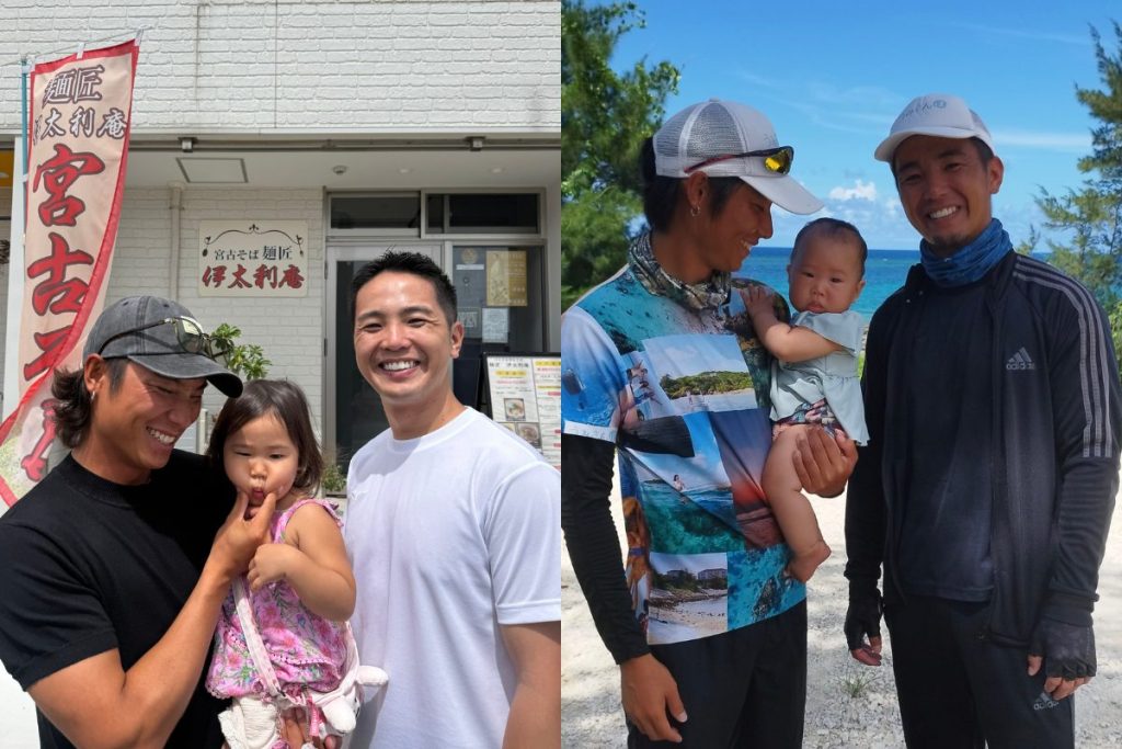 宮古島の飲食店前で子どもを抱く男性と笑顔の男性、海辺で赤ちゃんを抱く男性2人を並べた記念写真