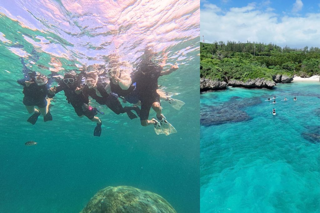 宮古島の青く透明な海で家族みんながシュノーケリングを楽しむ水中写真と、海岸近くをSUPで進む様子を上空から撮影した写真
