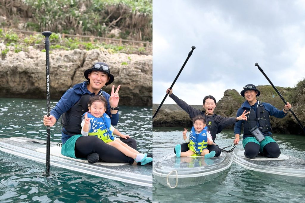 宮古島のインギャーマリンガーデンで、お父さんとお姉ちゃんがSUPに乗り、家族で笑顔の記念撮影