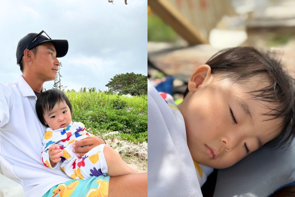 宮古島の貸切ツアーで、ガイドに抱っこされてくつろぐ妹ちゃんと、ぐっすり眠るかわいい寝顔