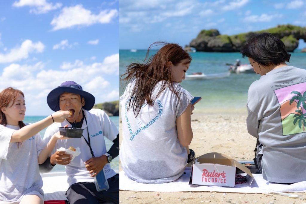宮古島のビーチランチで、まあいさんがガイドにタコスを食べさせる様子と親子でくつろぐ風景
