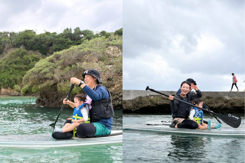 宮古島のSUPツアーで、お父さんとお姉ちゃん、お母さんとお姉ちゃんがそれぞれ一緒に海を楽しむ様子